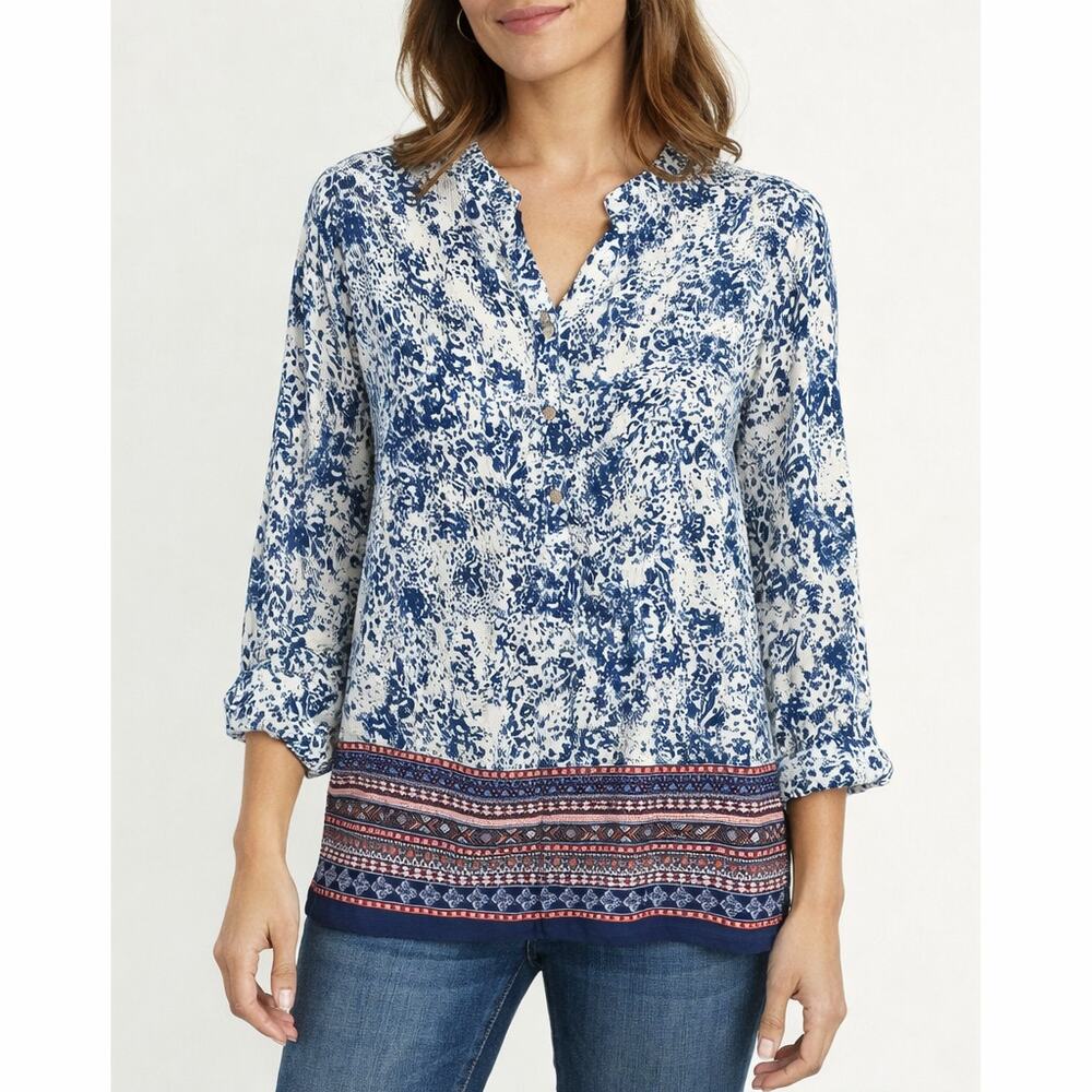 Rebecca Malone Blue & White Boho Tunic Blouse Size small Rayon 3/4 Sleeve